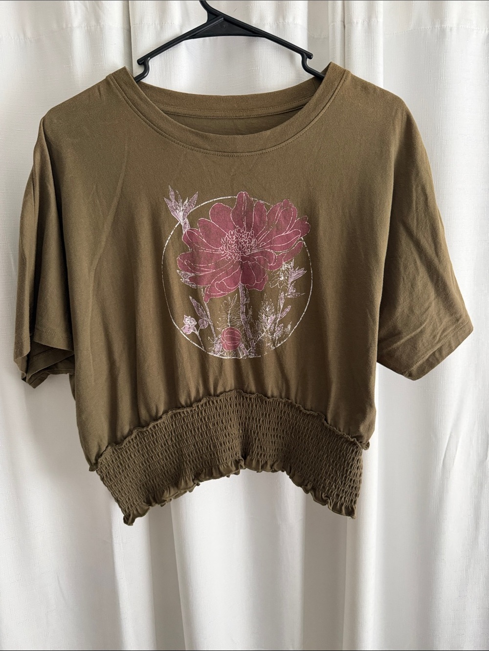 Olive Green Floral Smocked-Hem Cropped Top